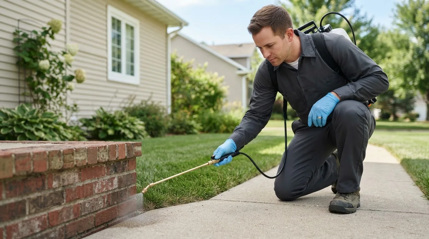Pest control technician treating a home near Sheldon, IL