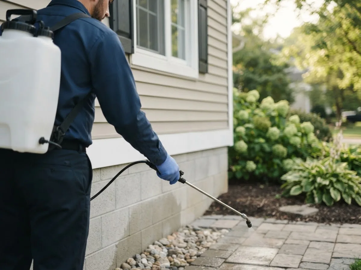Pest control technician inspecting a home in Sheldon, IL